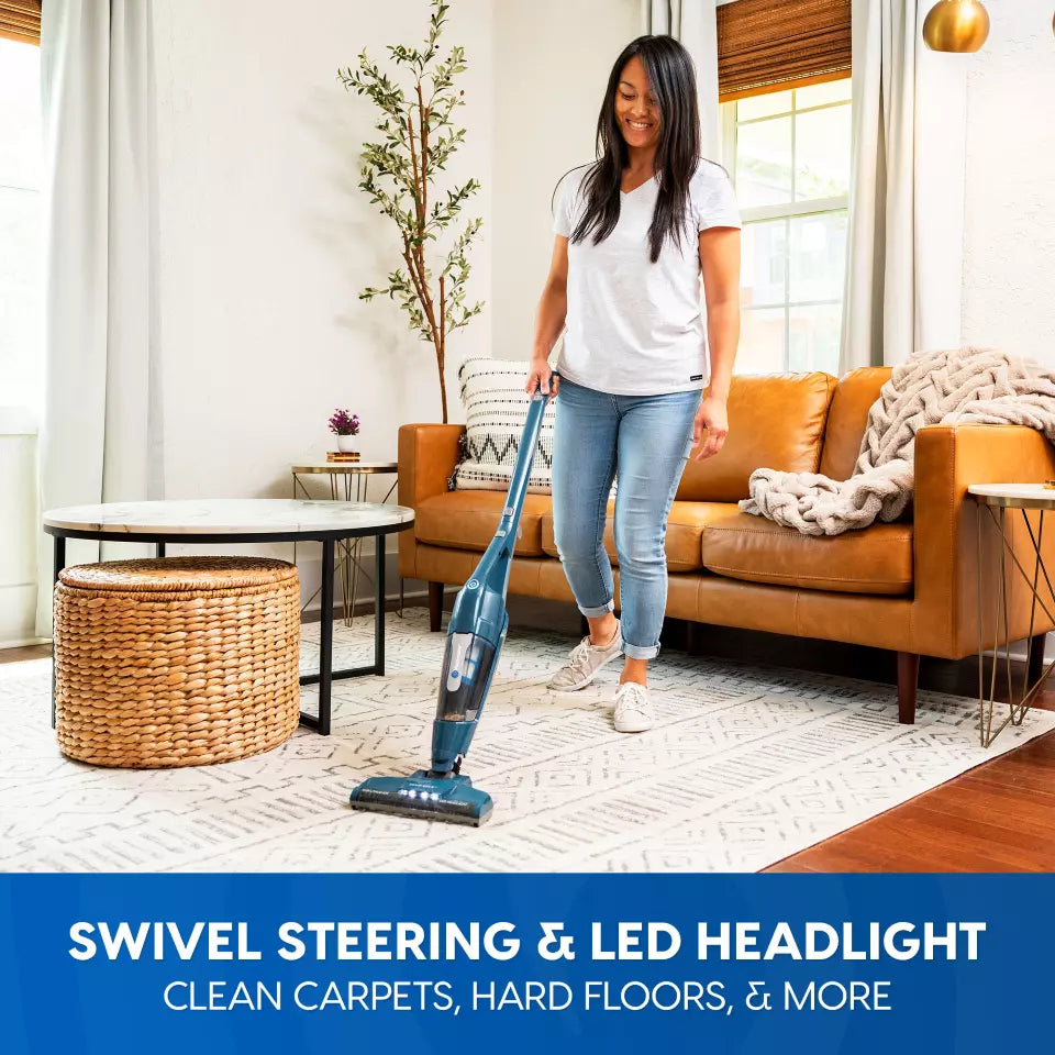 Woman using a vacuum cleaner in a living room with text about swivel steering and LED headlight features.