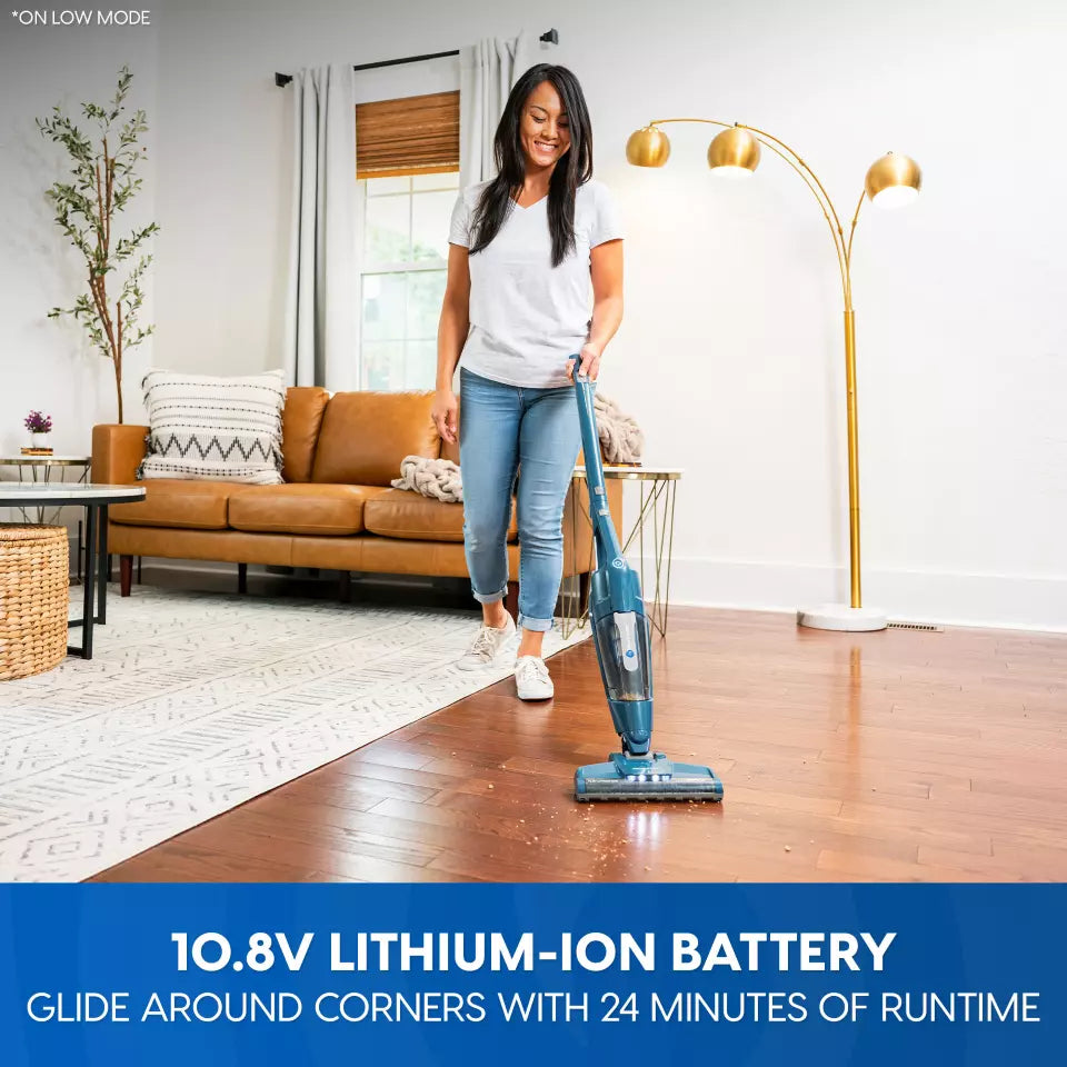 Woman using a vacuum cleaner in a living room with text about lithium-ion battery runtime.