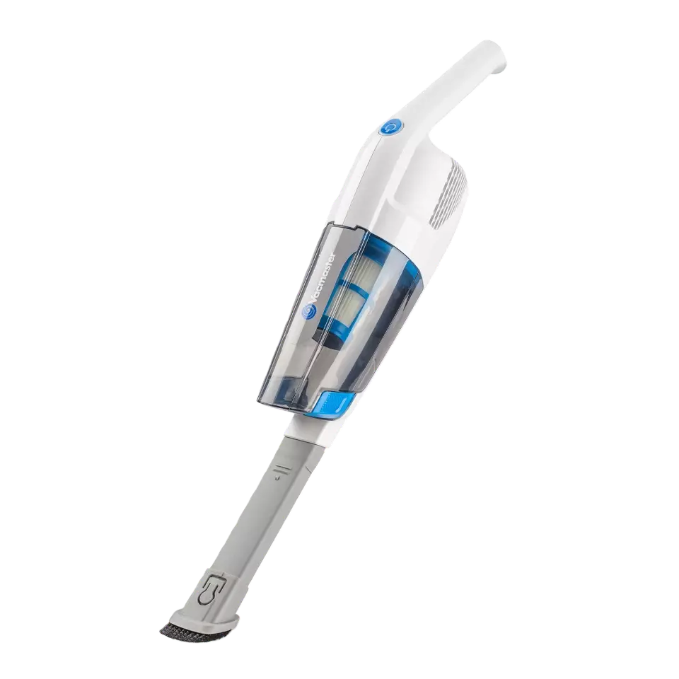 Handheld vacuum cleaner with a white and gray design on a white background