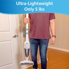 Person holding a lightweight vacuum cleaner with text 'Ultra-Lightweight Only 5 lbs' in a room.