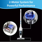 Vacuum cleaner with 2-motor system for powerful performance, featuring close-up details on a black background.