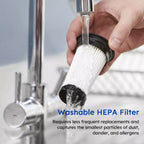 Hand holding a washable HEPA filter with text about its benefits.