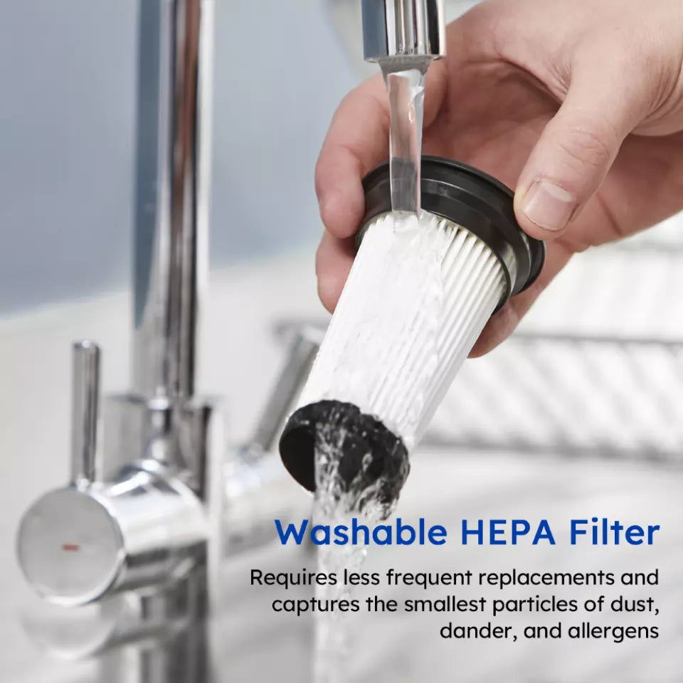 Hand holding a washable HEPA filter with text about its benefits.
