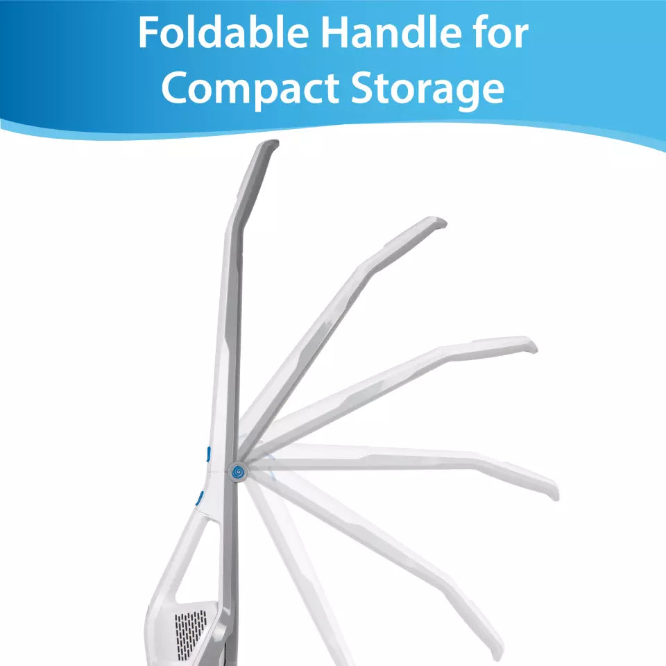 Foldable handle with text 'Foldable Handle for Compact Storage' on a blue and white background