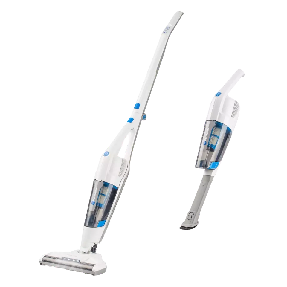 White handheld vacuum cleaner with attachments on a white background