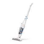 White and blue handheld vacuum cleaner on a white background