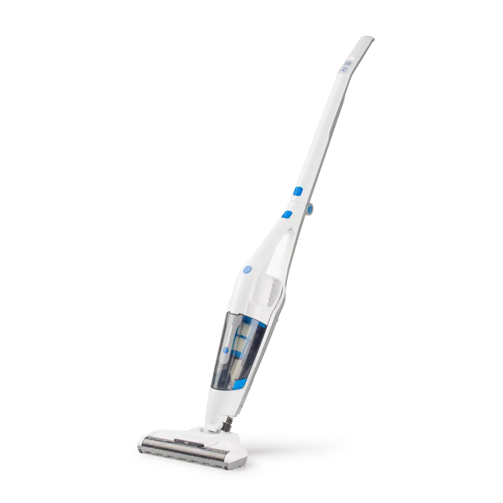 White and blue handheld vacuum cleaner on a white background